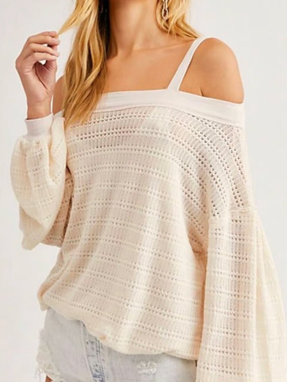 Free People Women's "Sistine Hacci" Cold Shoulder Knit Top In Pearl - Size Large